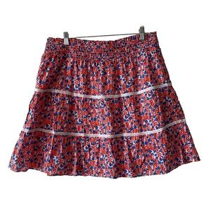 J.Crew Tiered Mini‎ Skirt Womens XL Red Blue Floral Great Smocked Cotton Lace